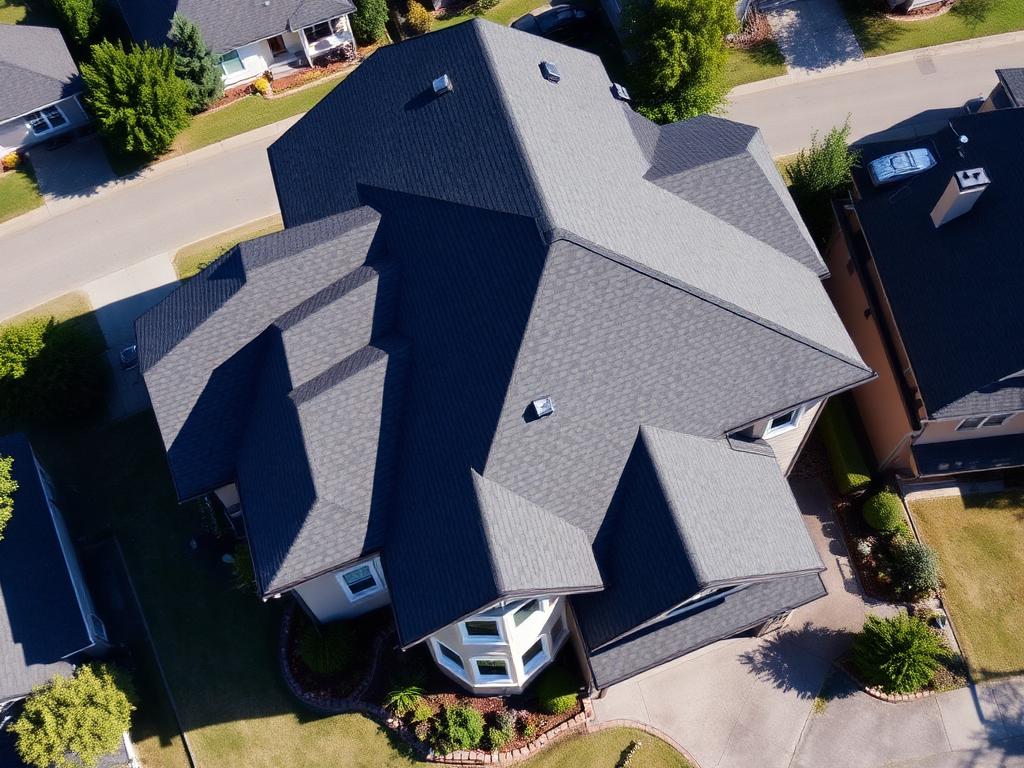 Aerial view of a complex two-story roof with many hips, valleys, and dormers